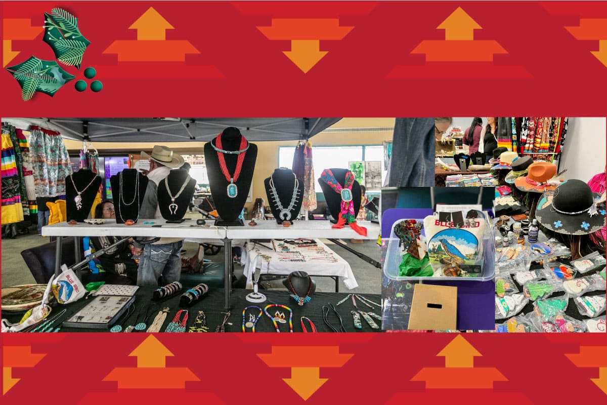 A collection of Native American jewelry and accessories with a red tribal ribbon background and holly in the top left corner.