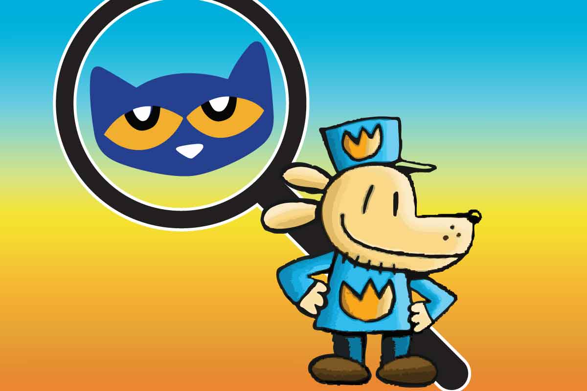 An orange and blue background with Dogman the character to the right and Petey the cat to the left with a magnifying glass around him.