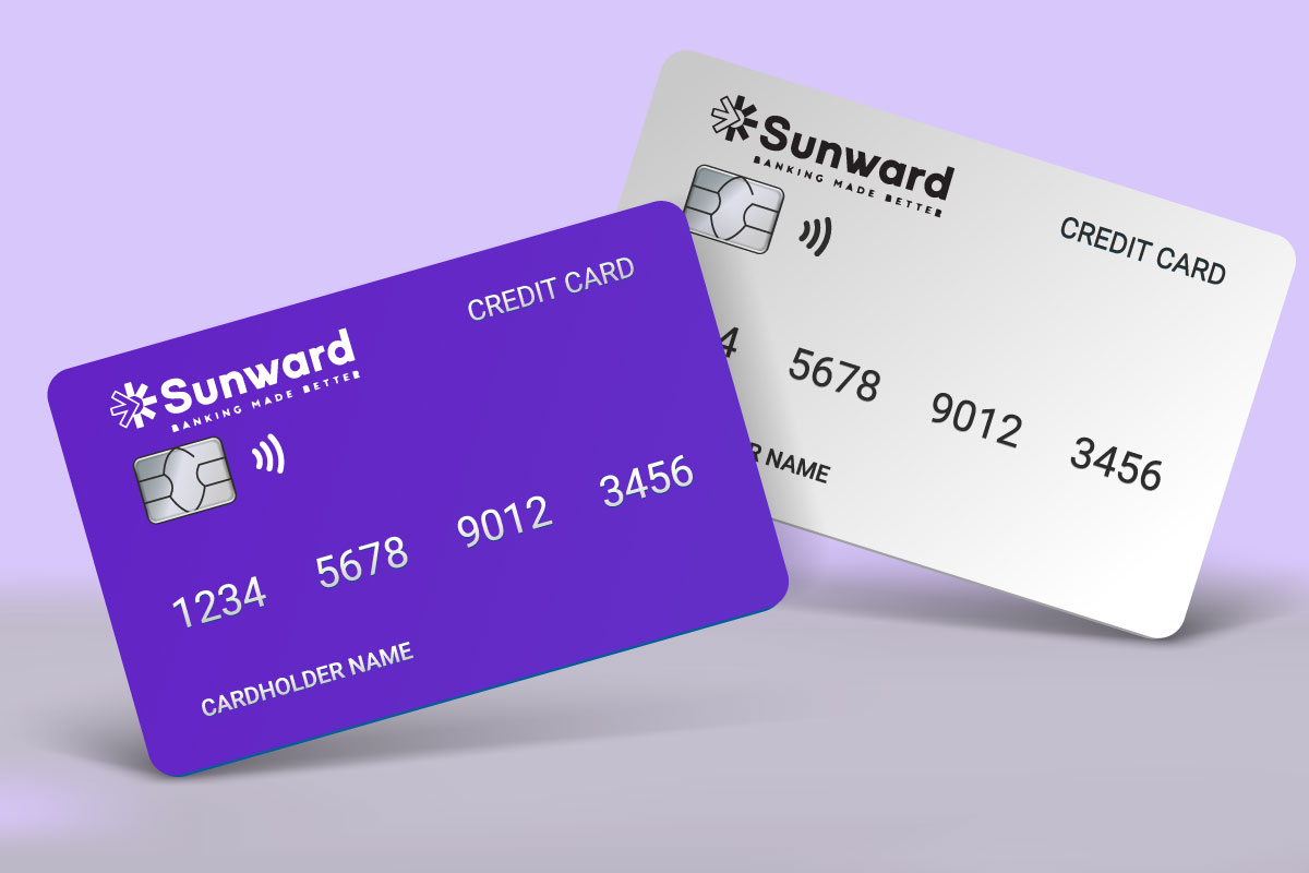 A purple and silver demo credit card with Sunward Banking made better