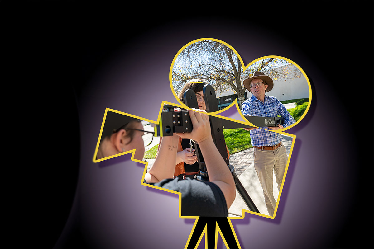 A camera outline with three individuals using camera equipment on a black background