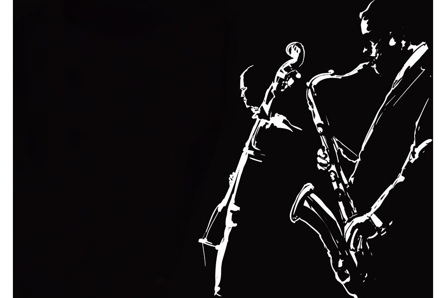 Two jazz players in a white outline playing a saxophone and a bass on a black background.