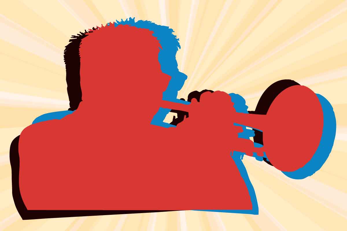 A pop art in blue, black and red of a trumpet player on a star burst yellow background.