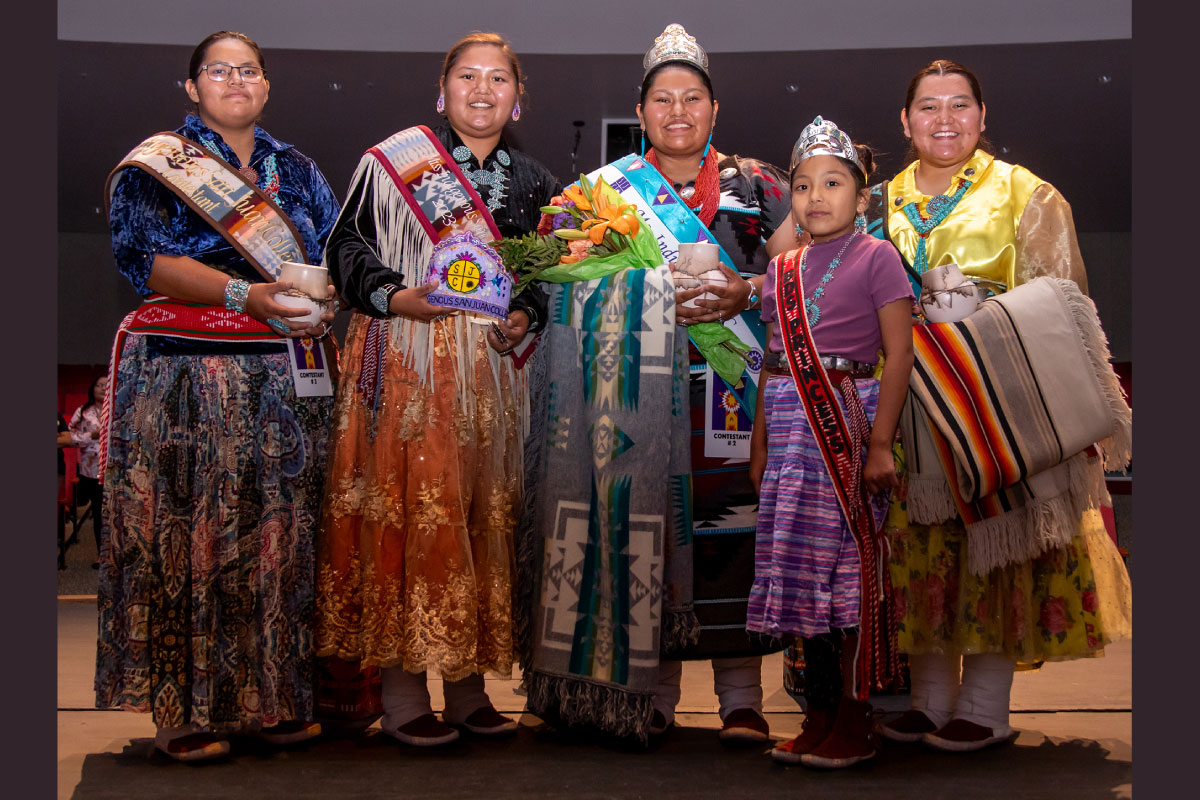 Group of women in their traditional clothing for the Ms. Indigenous at San Juan College
