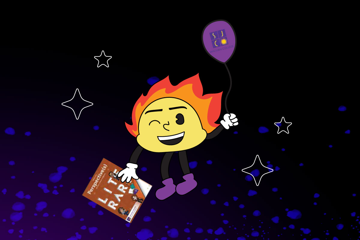 A black background with a cartoon version of a mini SJC Blaze, holding a purple SJC balloon in his left hand and the SJC Perspectives Magazine in his right hand.