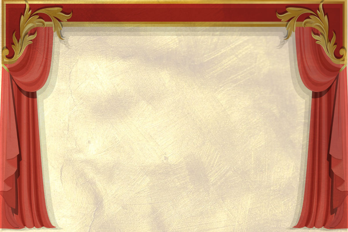 Red theatre curtain with gold filigree on the top left and right.