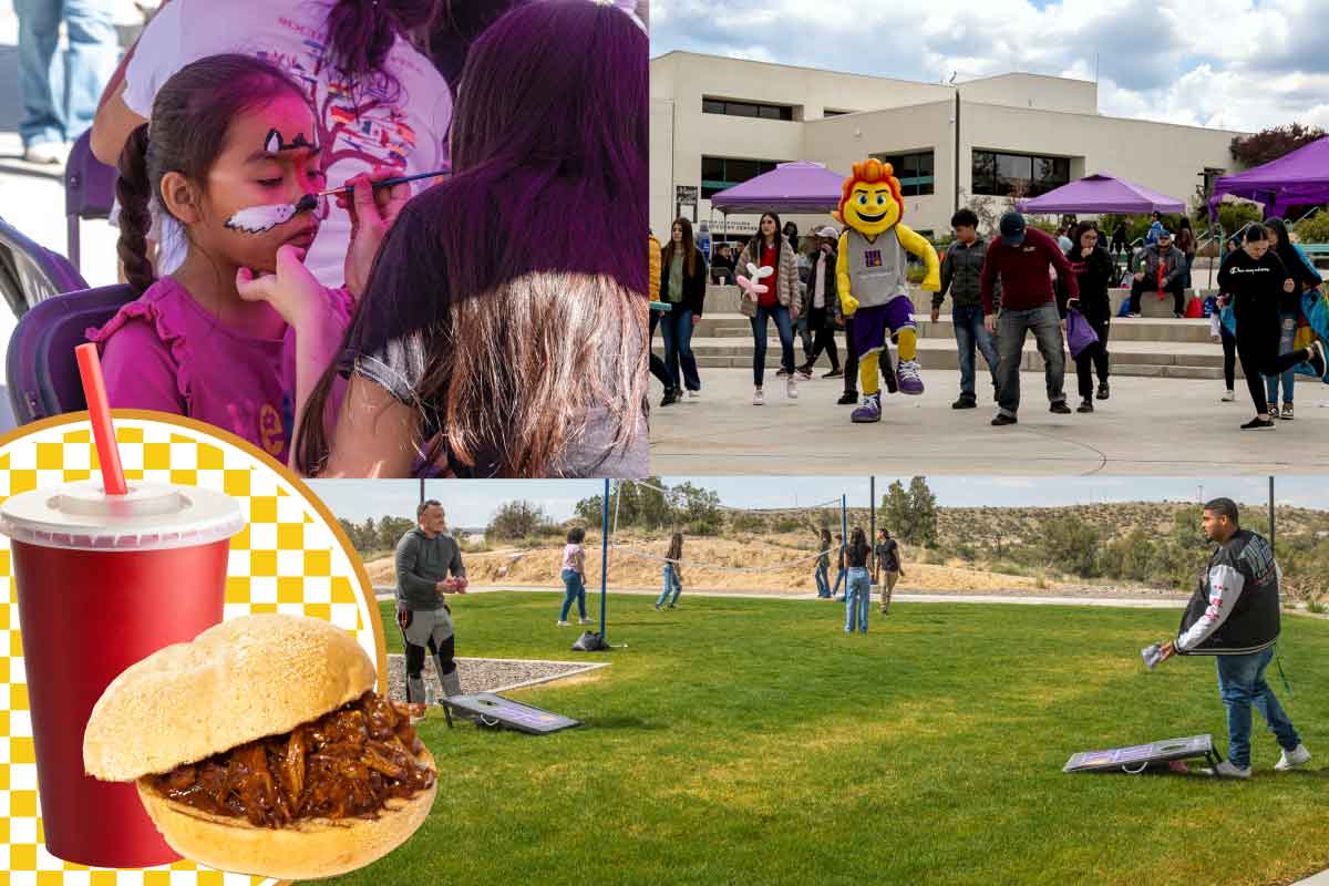 Collection of photos from Family Fest top left a girl getting a wolf face painting, top right SJC Blaze mascot dancing with community members, bottom left a pulled pork sandwich and SJC students playing cornhole on the bottom right.
