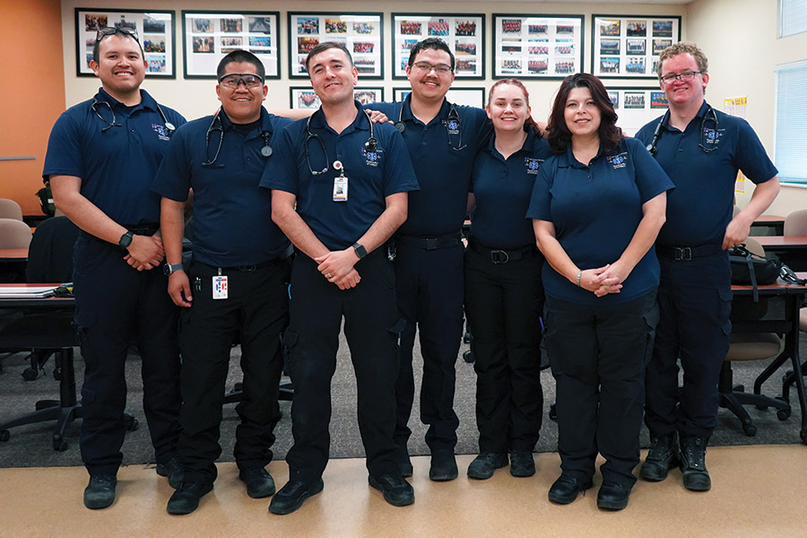 Paramedic students, from left to right, Alten Atencio, Nicholas Nez, Chris Medford, Aaron Cogburn, Allison Lujan, Glorieta Lynn Suskey and Johnathan Cannon will graduate this September.