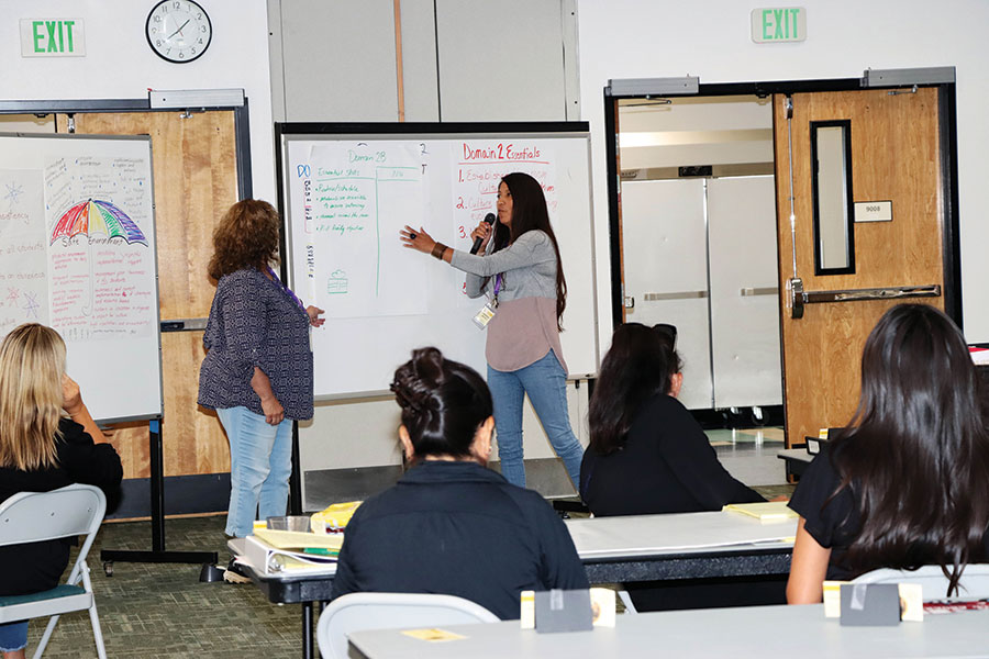 Students in front of a whiteboard in the TeachUp program