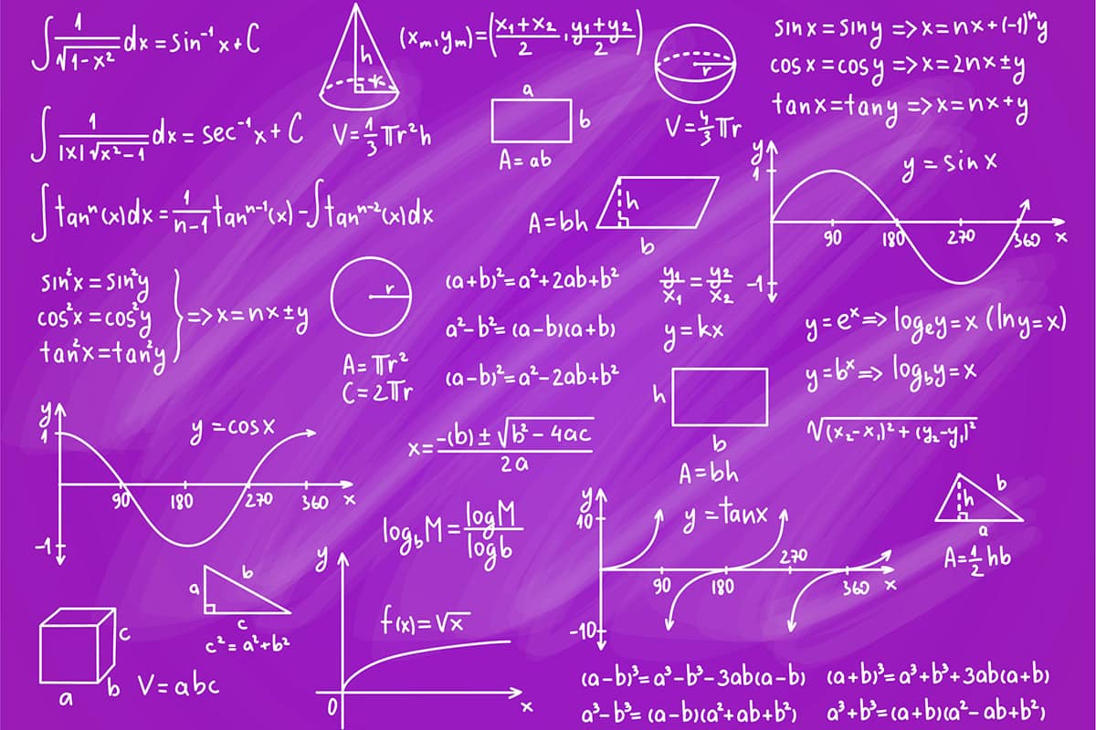 display of various complex mathematical equations on a board