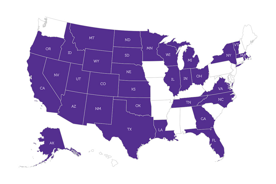 Home States of PTA Online Students. The states colored purple show where online students reside