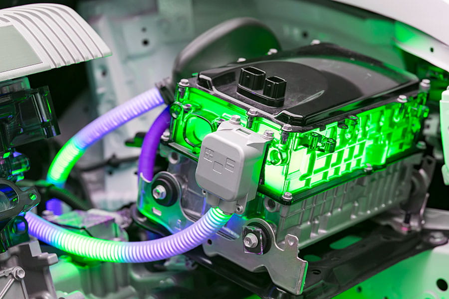 Inside an electric vehicle engine and parts.