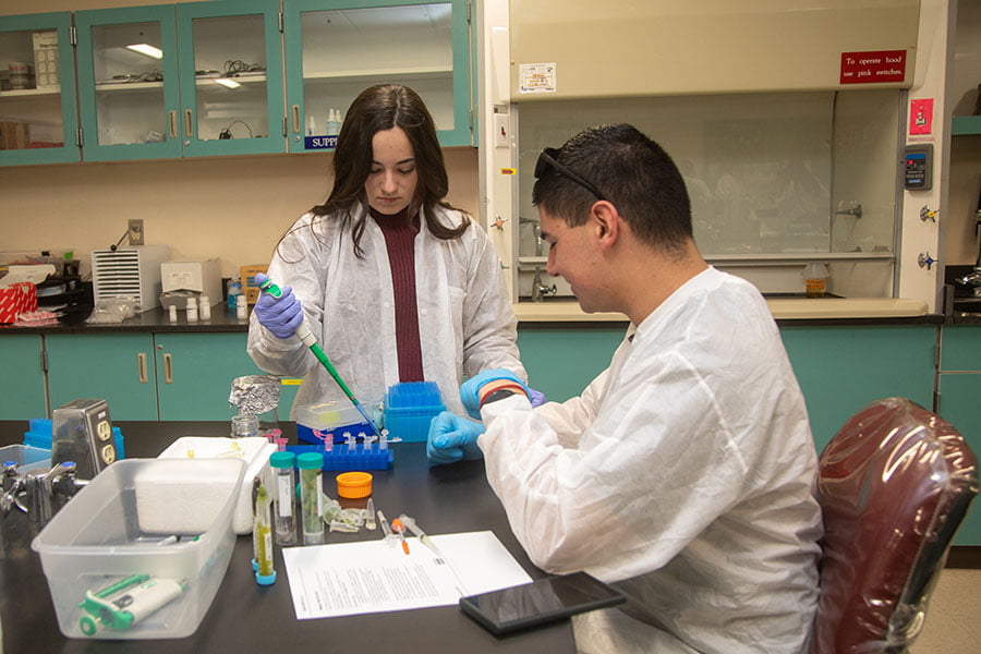 Student work together in medical lab class setting.